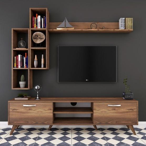 Rani M16 Ceviz Duvar Raflı Kitaplıklı Tv Ünitesi Tv Sehpası