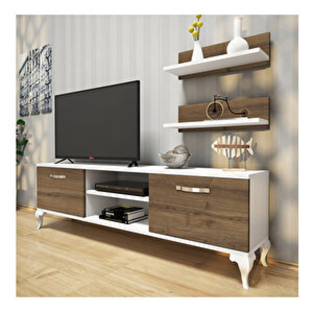 Rani Mobilya Rani A4 Duvar Raflı Tv Sehpası Kitaplıklı Tv Ünitesi Modern Ayaklı Tasarım 150 Cm Beyaz - Hitit Ceviz Beyaz - Hitit Ceviz Tv Ünitesi / Sehpası Fiyatı