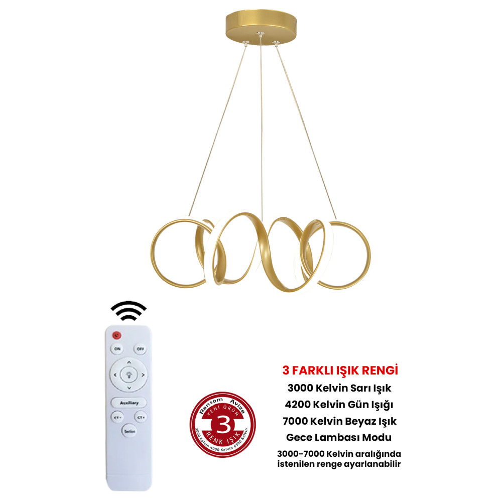 RANSOM 3 Renk Kumandalı Gold Kasa Dimmerli Led Avize Kıvrım Ledli Avize Avize Fiyatı