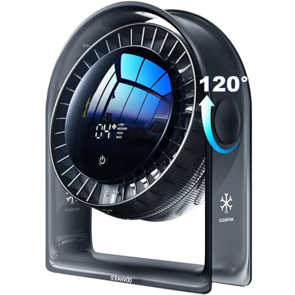 RANVOO Air Circulator Desk Fan for Bedroom, Affordable Alternative to Woozoo Fan, 4 Speeds Smart Display USB Fan, Quiet Table Fans, Cooling Personal Fans For Office Dorm Room Home,Translucent Black