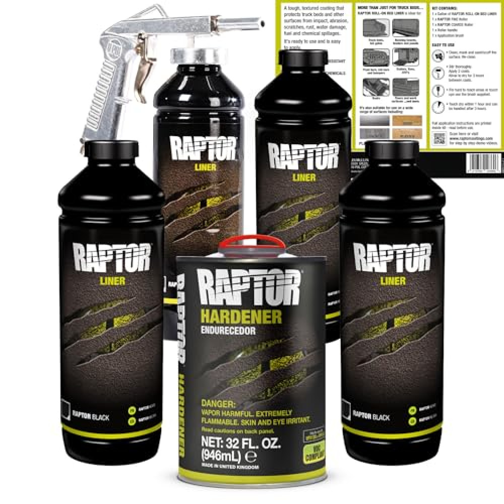 Raptor Black Urethane Spray-On Truck Bed Liner Kit, Protective Paint with Spray Gun, for Tailgates & Trucks, Vehicle Undercoating, 4 Litres