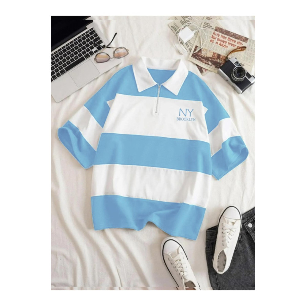 RASCHA Kadın Bebe Mavi Çizgili NY Baskılı Fermuarlı Polo Yaka Oversize T-shirt L Beden Bayan T-shirt Fiyatı