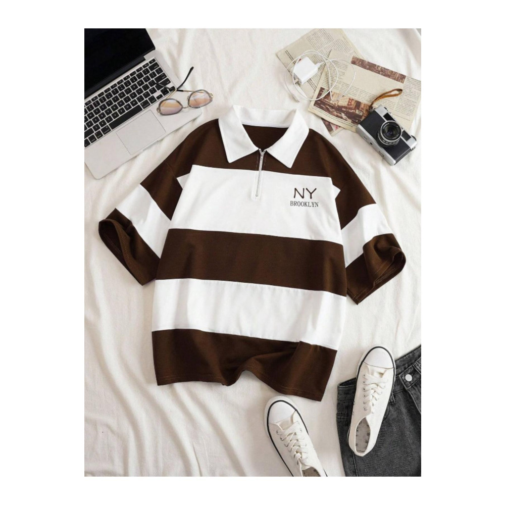 RASCHA Kadın Kahverengi Çizgili NY Baskılı Fermuarlı Polo Yaka Oversize T-shirt M Beden Bayan T-shirt Fiyatı