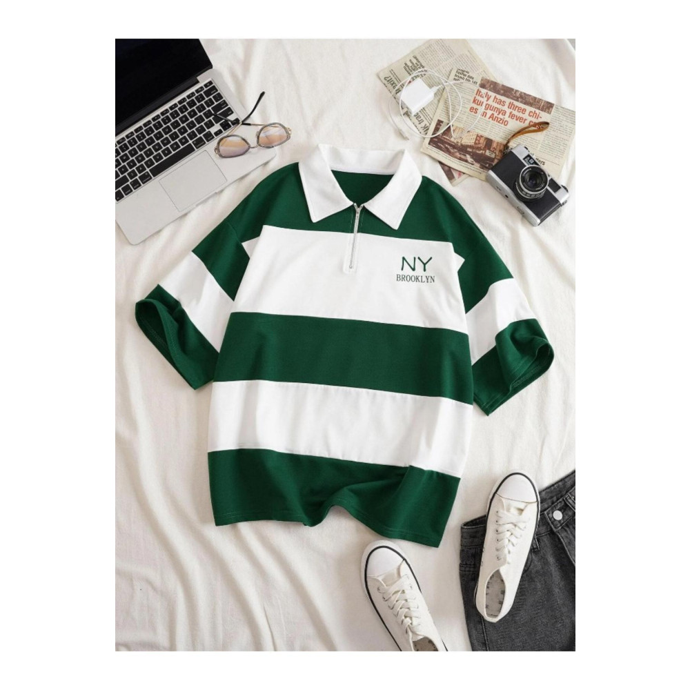 RASCHA Kadın Yeşil Çizgili NY Baskılı Fermuarlı Polo Yaka Oversize T-shirt XL Beden Bayan T-shirt Fiyatı