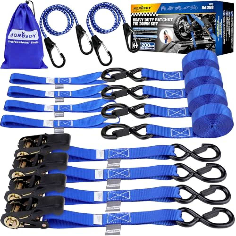 Ratchet Straps Heavy Duty, Tie Down Straps Ratchet Set, 2200 LB Break Strength, Safety Lock S Hooks, Best for Moving, Securing Cargo, Kayaks, Mountain (4 Pack)