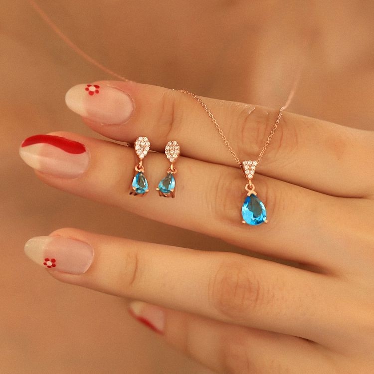 Ravza 925 Ayar Gümüş Aquamarine Taşlı Damla Set - Rose Gold Diğer Fiyatı