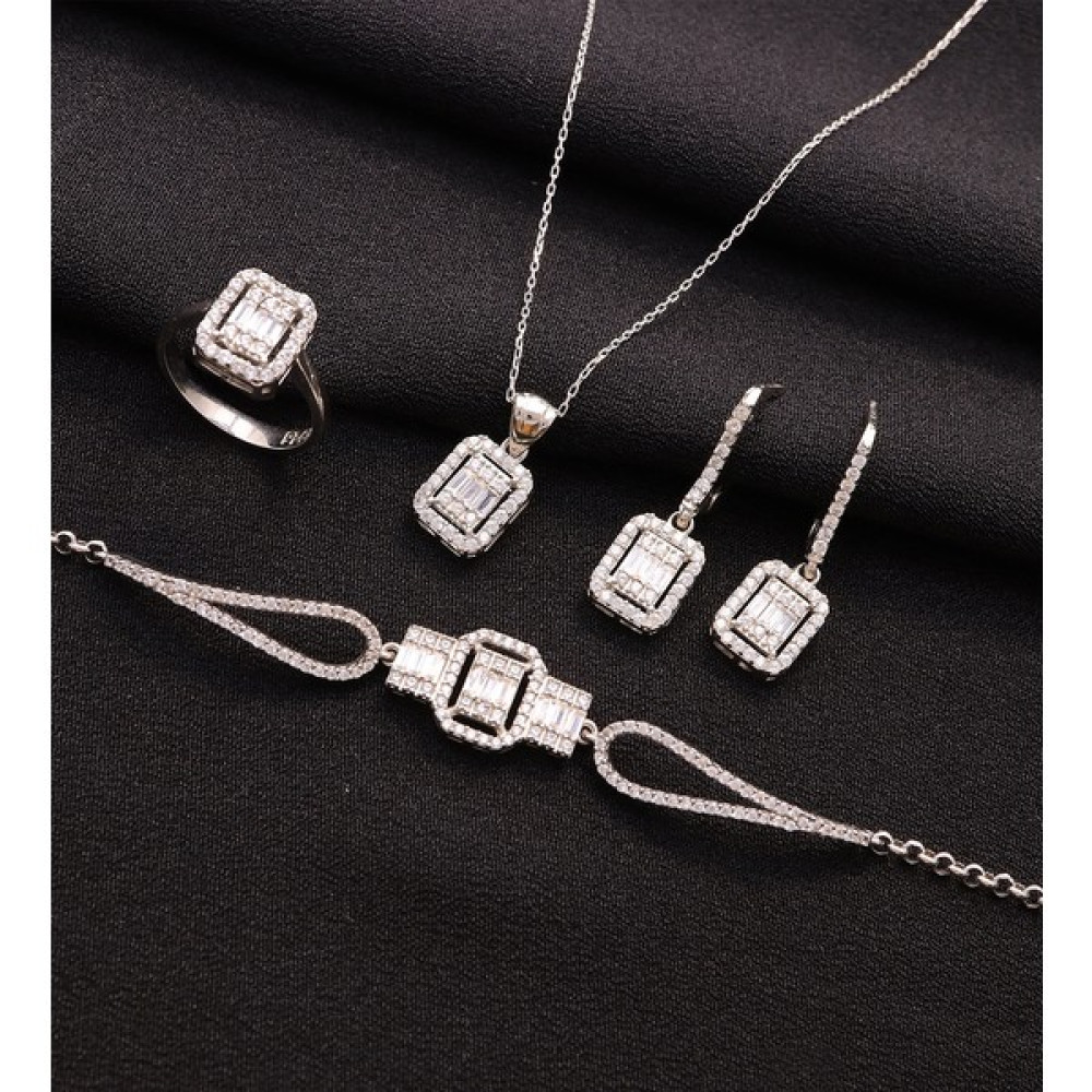 Ravza 925 Ayar Gümüş Trapez Taşlı Kolye-Küpe-Yüzük-Bileklik Set - 16 - Rose Gold Gümüş Kolye Fiyatı