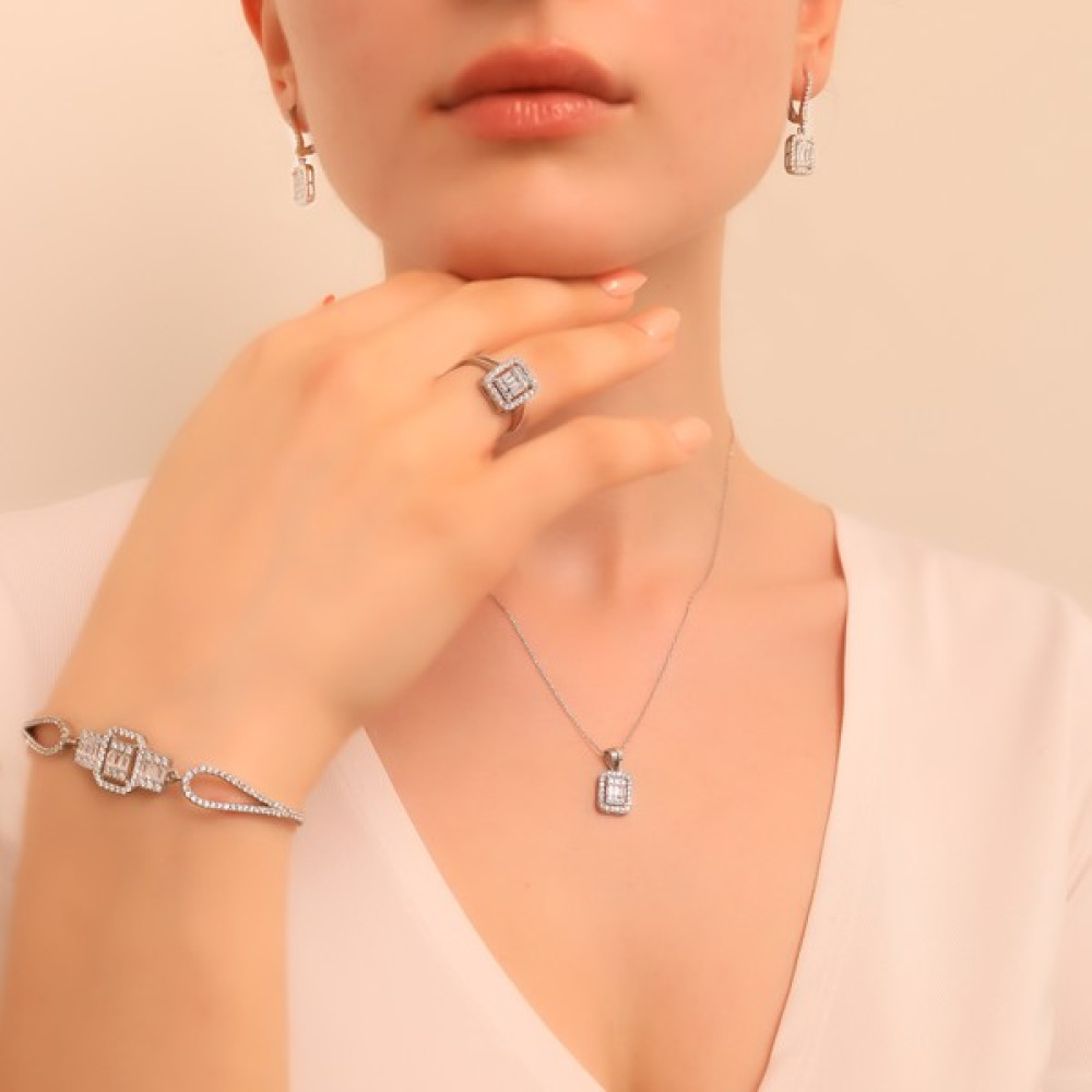 Ravza Silver 925 Ayar Gümüş Trapez Taşlı Kolye-Küpe-Yüzük-Bileklik Set - 19 Gümüş Kolye Fiyatı