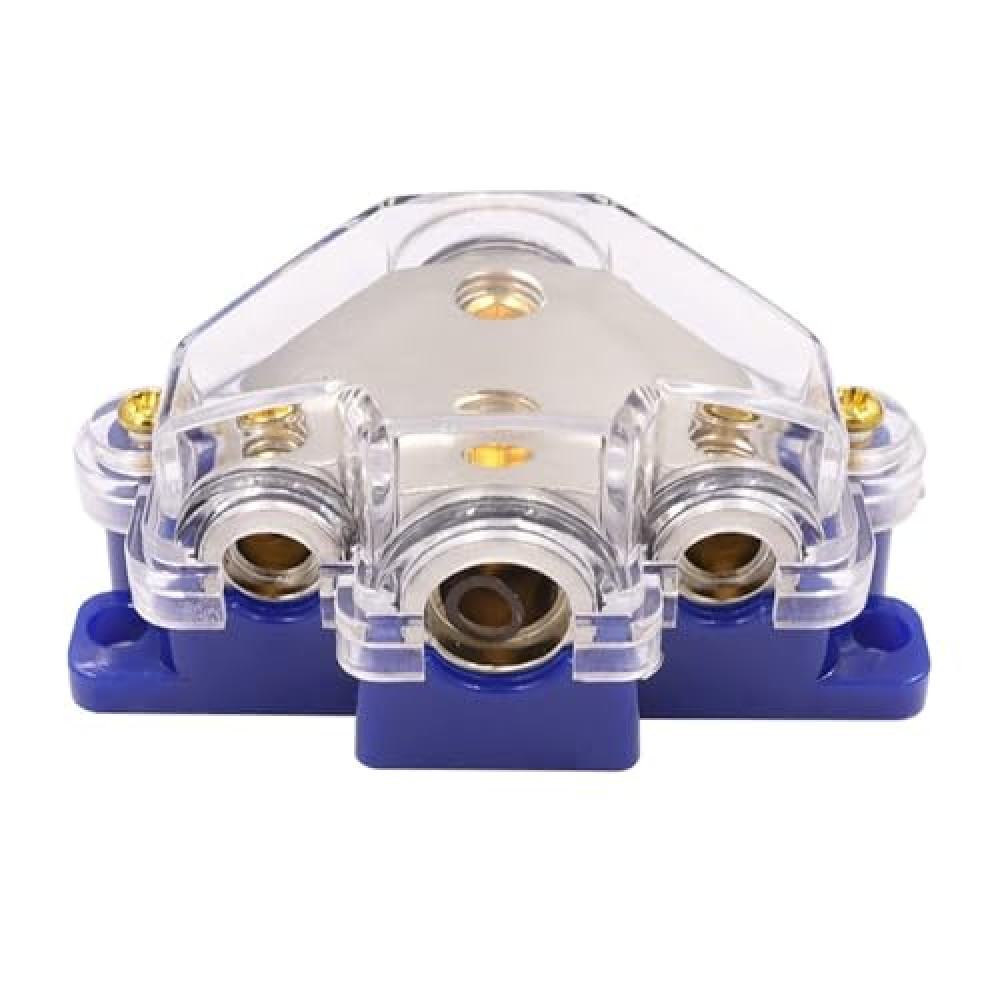 Rayne's World Blue 3 Way Power Distribution Block 0-4 Gauge in 4-10 Gauge Out for Audio Wiring in Cars, Boats, Campers | for use with Ground or Power Wires