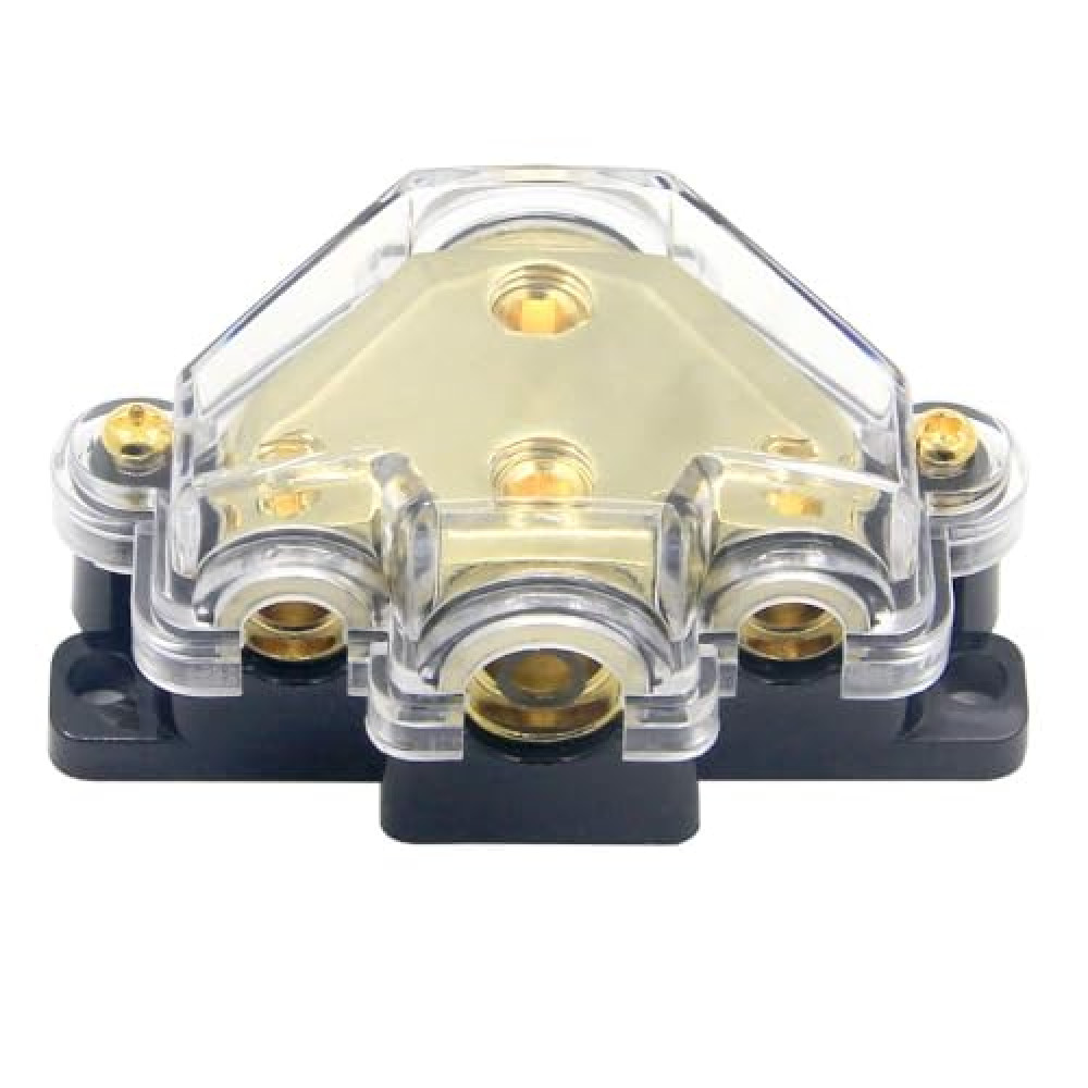 Rayne's World Gold 3 Way Power Distribution Block 0-4 Gauge in 4-10 Gauge Out for Audio Wiring in Cars, Boats, Campers | for use with Ground or Power Wires