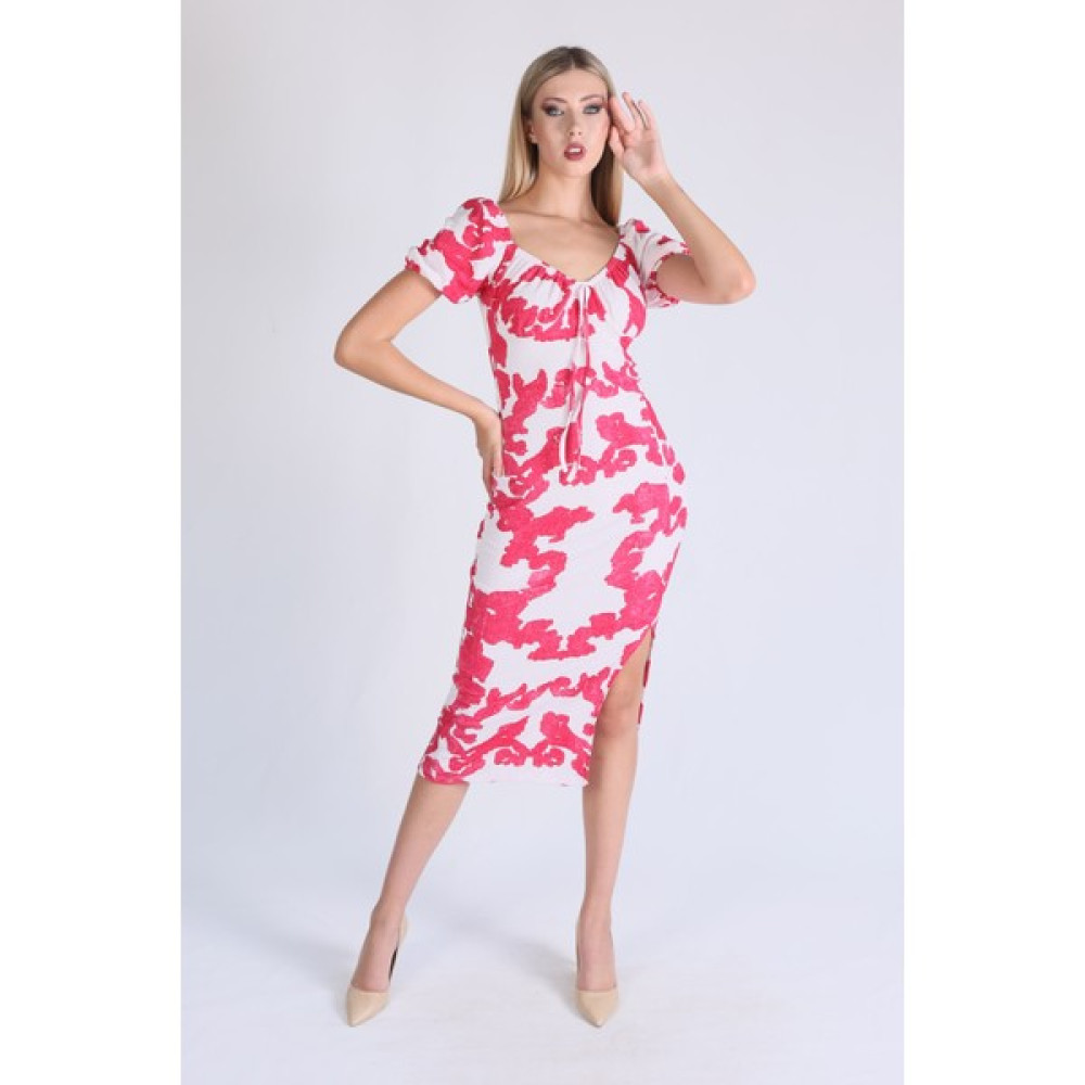 Rays 10765 Desenli Yırtmaçlı Elbise Pembe Elbise Fiyatı