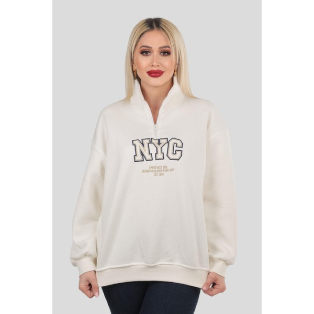 Rays 3665 Fermuarlı Nyc Nakış Sweat Ekru Bayan Sweatshirt Fiyatı