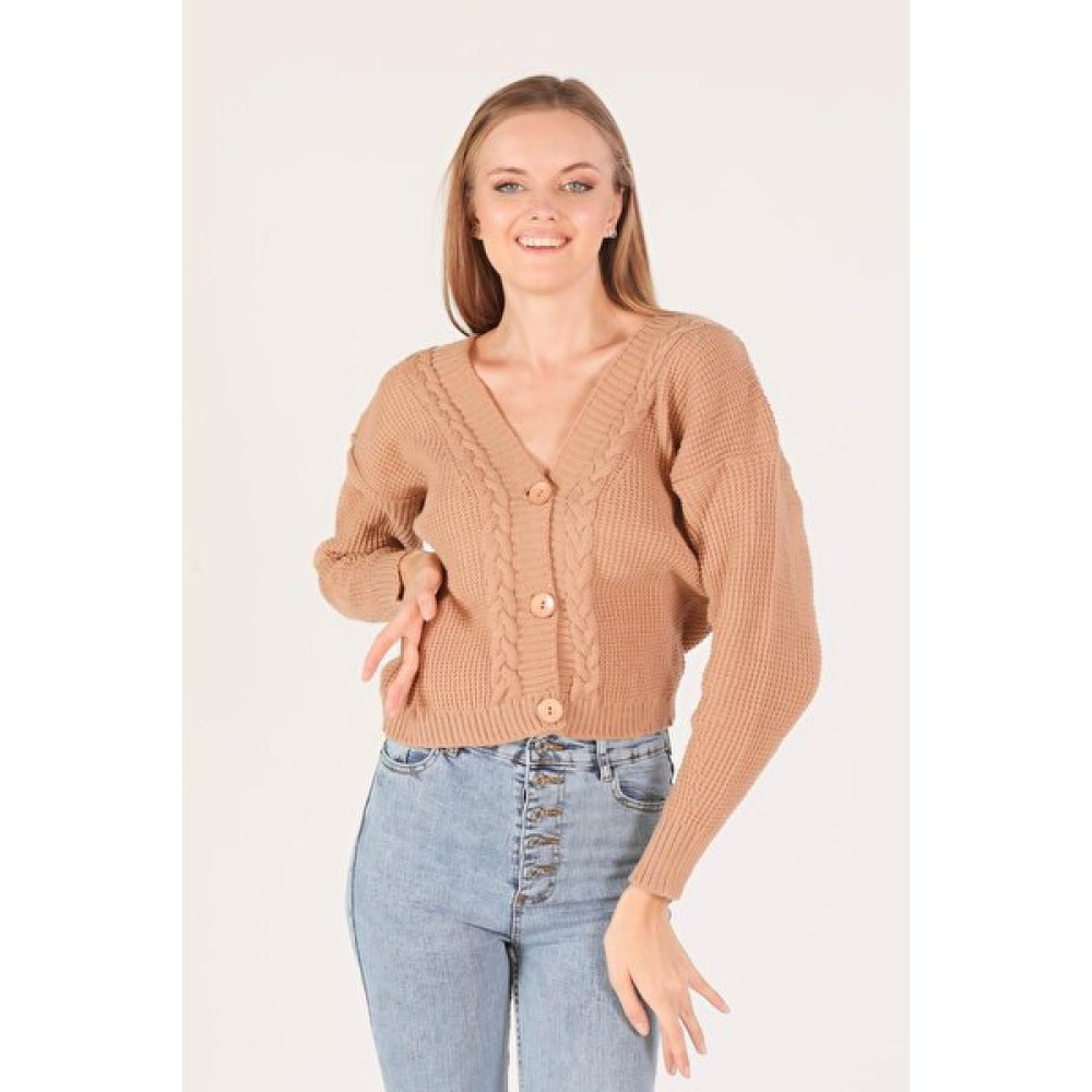 Rays 4018 Örgü Detay Kısa Hırka Camel Kadın Hırka Fiyatı