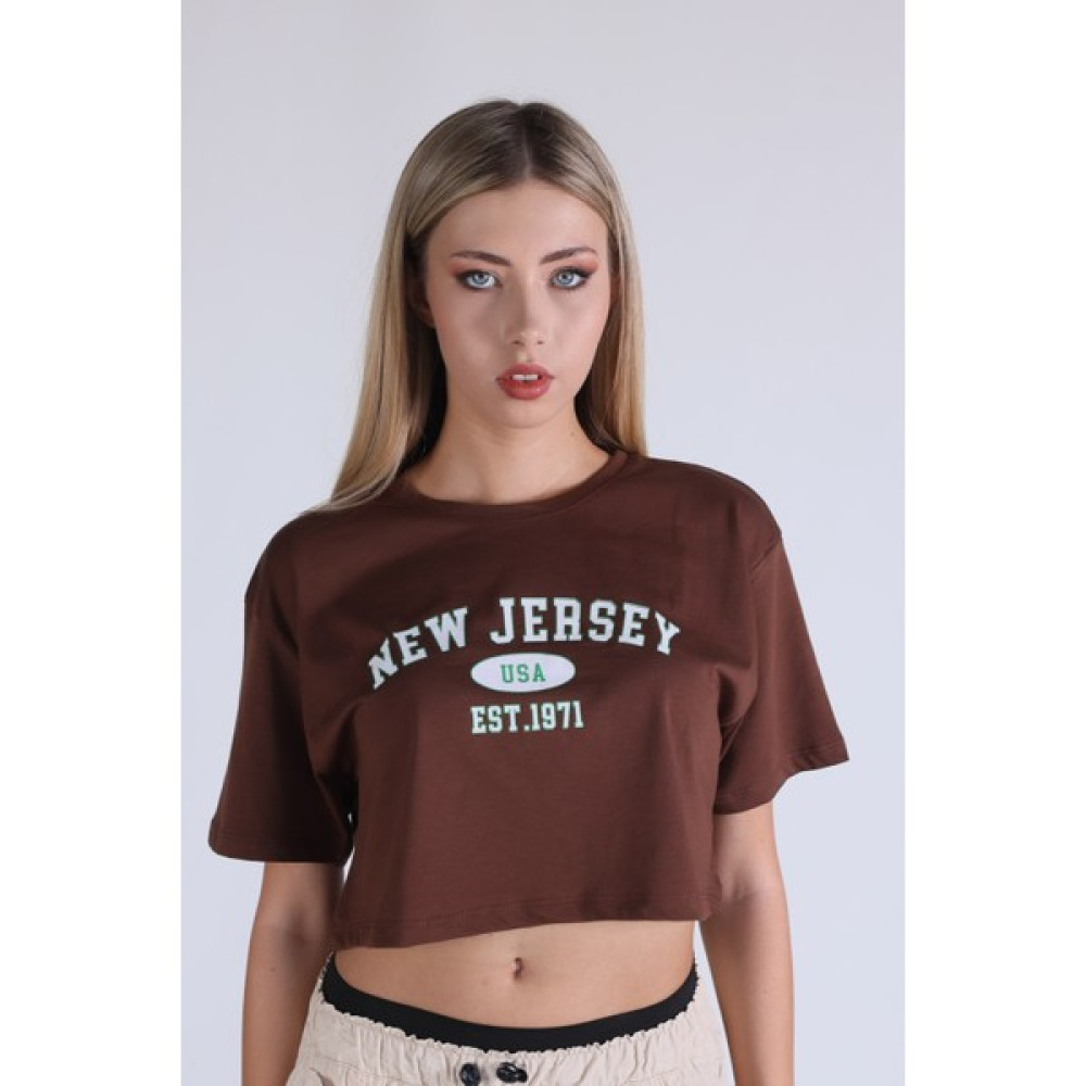 Rays 5162 New Jersey Baskı Crop Tshirt Kahve Bayan T-shirt Fiyatı