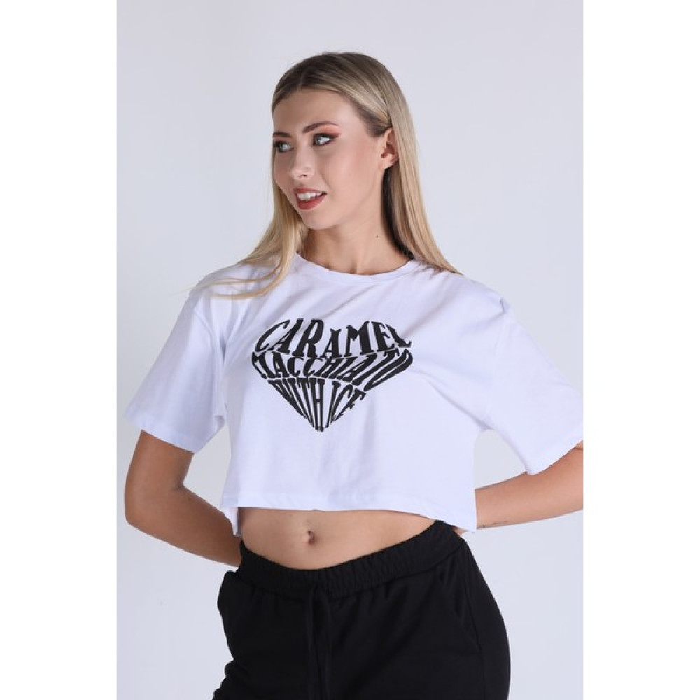 Rays 5164 Caramel Baskı Crop Tshirt Beyaz Bayan T-shirt Fiyatı
