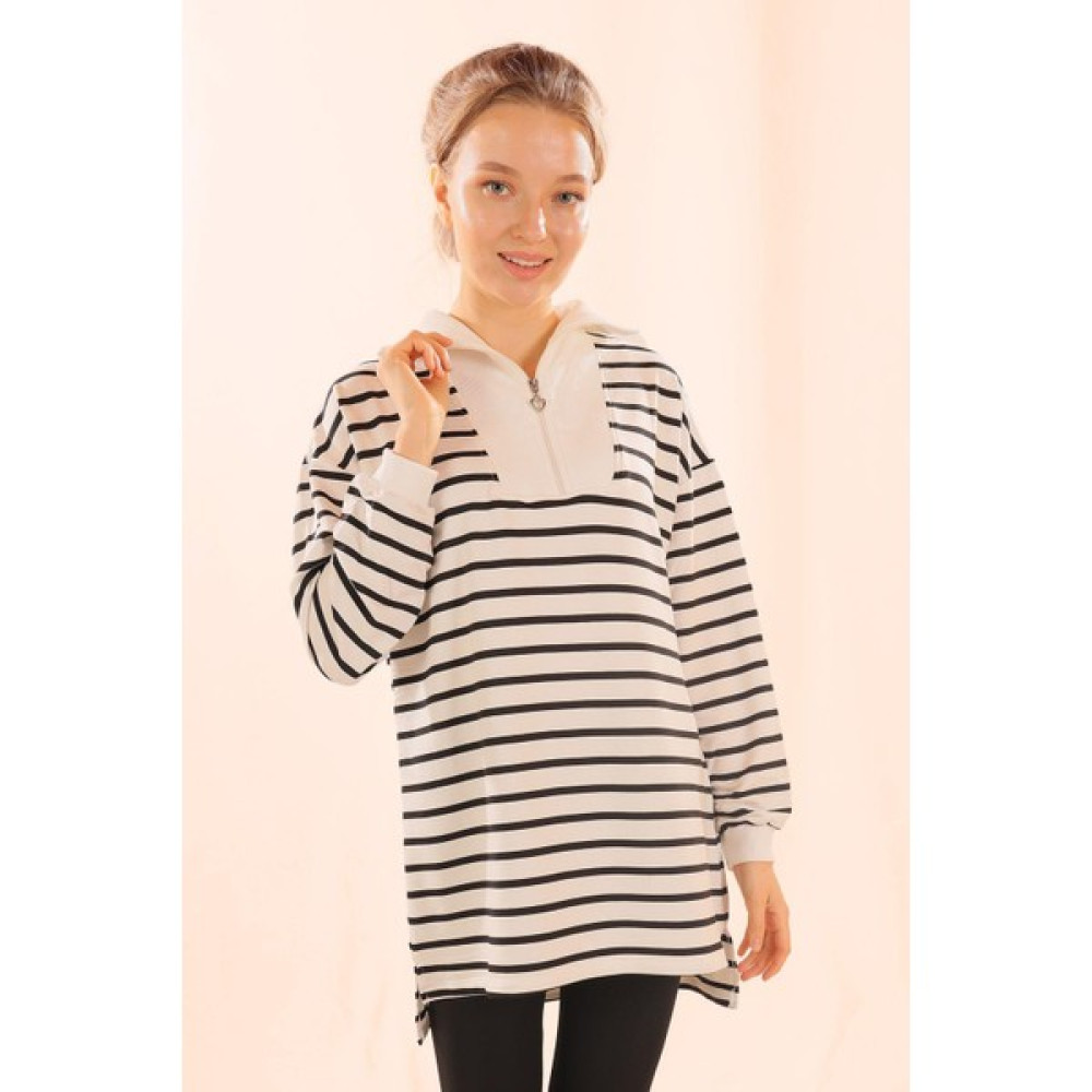 Rays 6861 Fermuarlı Çizgili Sweat Siyah Bayan Sweatshirt Fiyatı