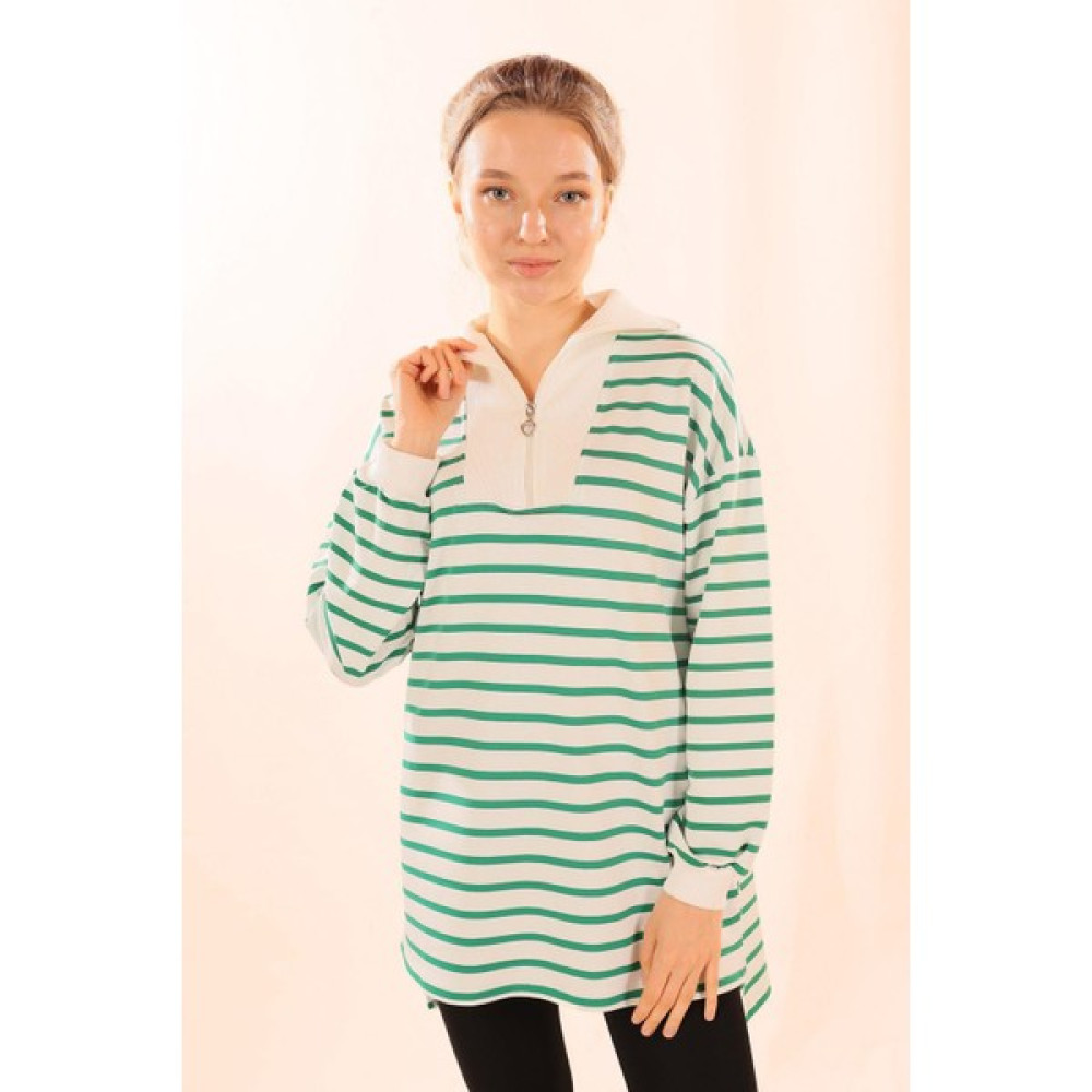 Rays 6861 Fermuarlı Çizgili Sweat Yeşil Bayan Sweatshirt Fiyatı