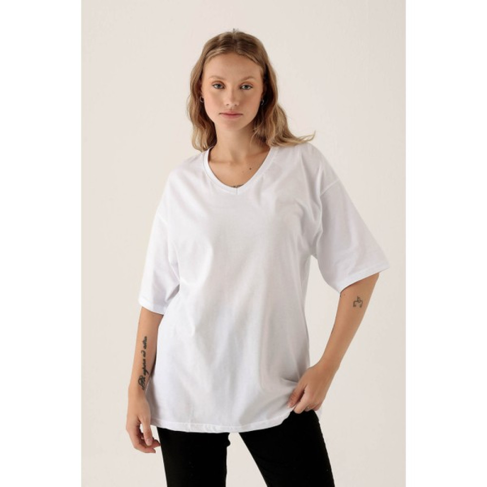 Rays 9002M V Yaka Oversize Tişört Beyaz Bayan T-shirt Fiyatı