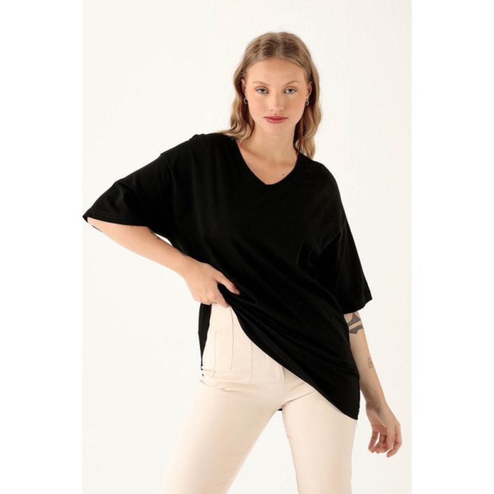 Rays 9002M V Yaka Oversize Tişört Siyah Bayan T-shirt Fiyatı
