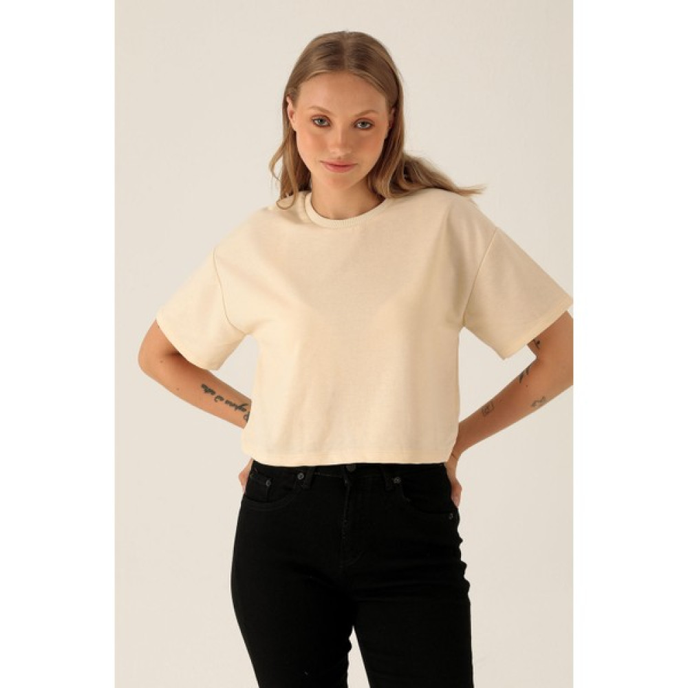 Rays Oversize Kısa Tişört - 9408 Bej Bayan T-shirt Fiyatı