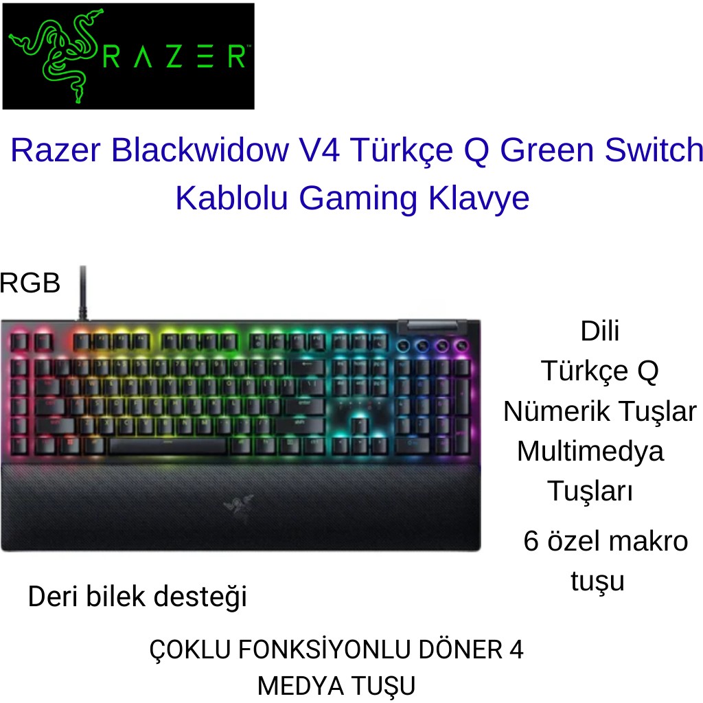Razer Blackwidow V4 Rgb Green Switch Kablolu Mekanik Oyuncu Klavyesi - RGB Işıklandırma - Siyah Klavye - Mouse Fiyatı