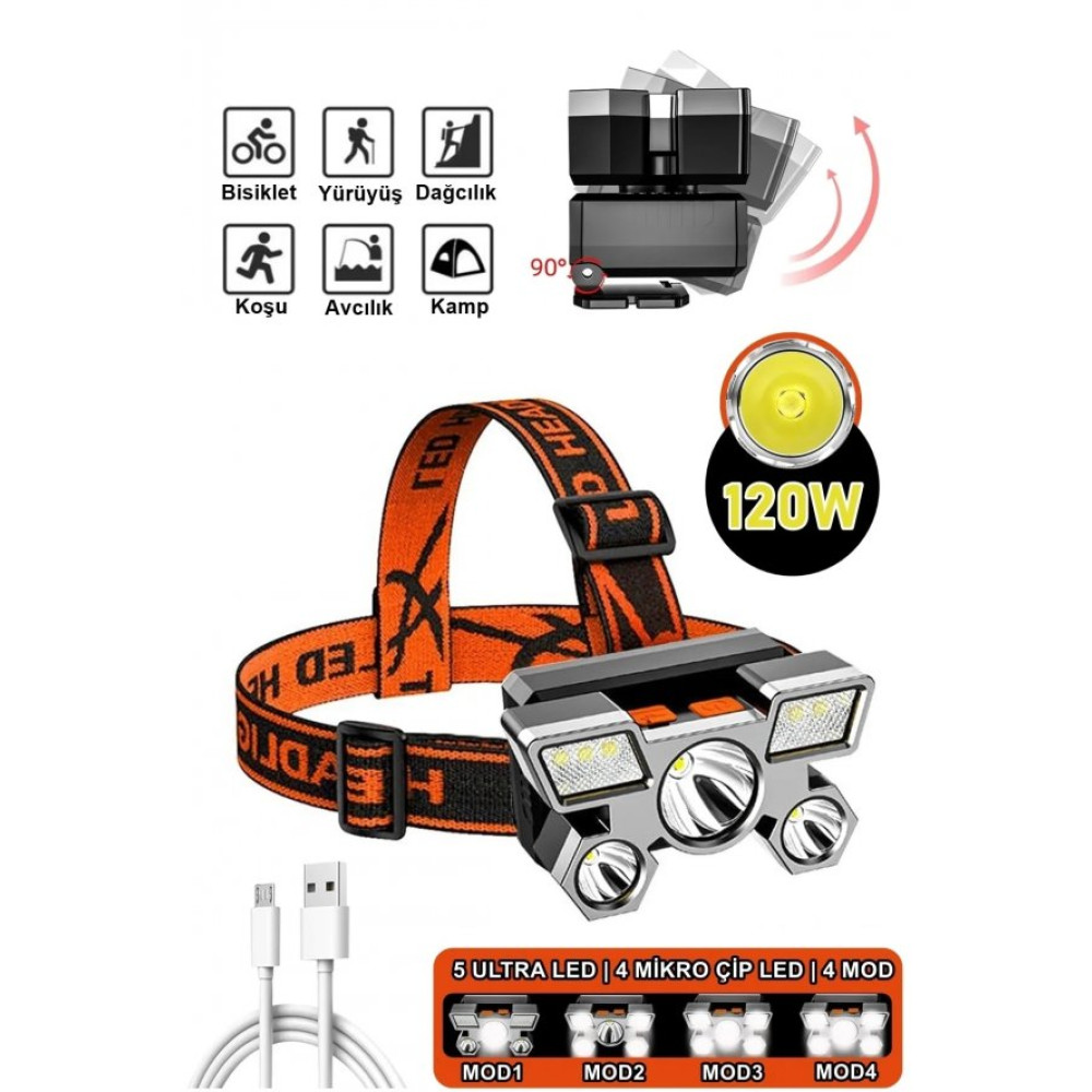 Rc-23 Rambo Ultra Guclu Led Sarjli Cree 5 Led Kafa Feneri Avci Feneri Balikci Kamp El Feneri 120W El Feneri Fiyatı