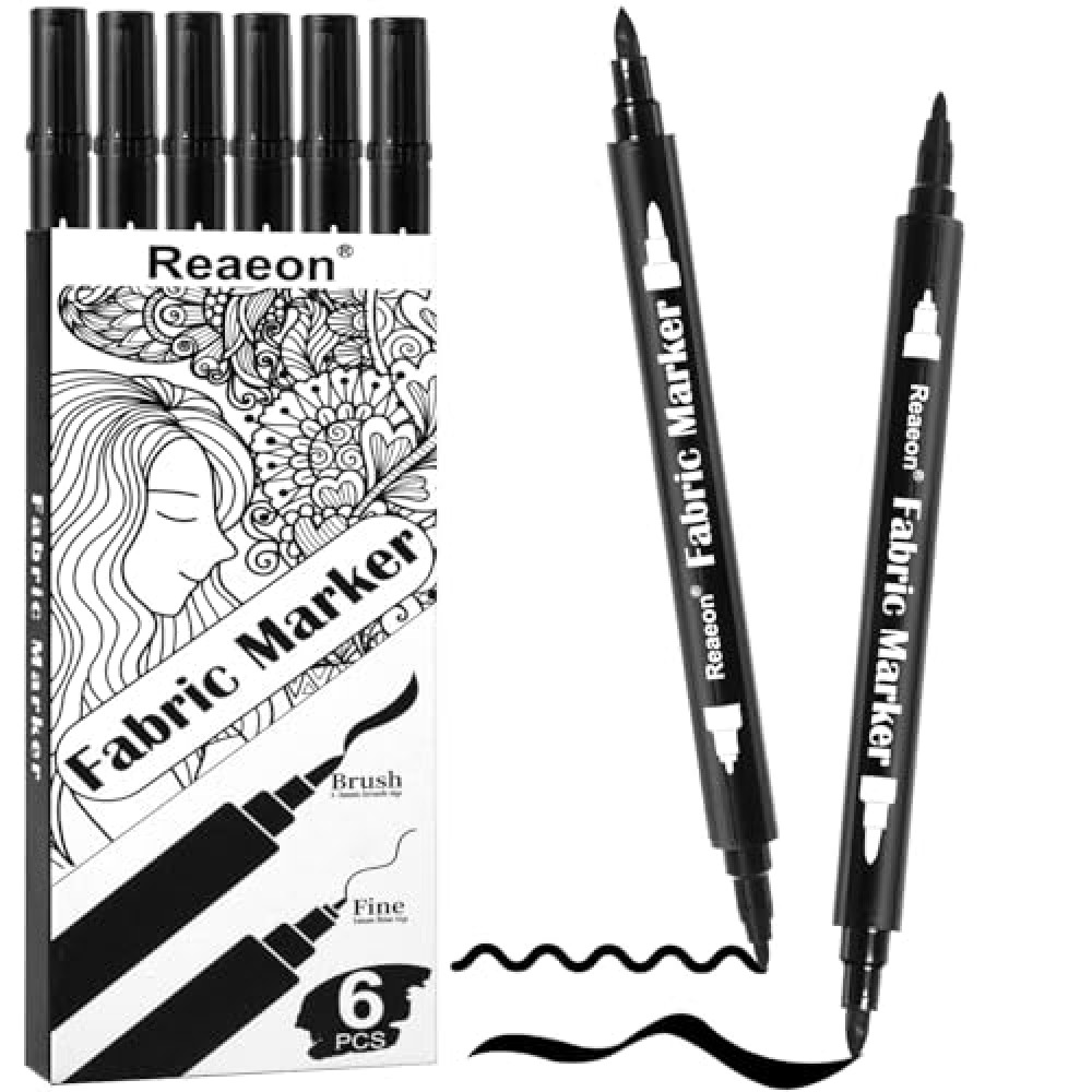 Reaeon Black Fabric Markers, Dual Tip Fabric Paint Markers, Permanent Fabric Pens for Clothes, T Shirts, Canvas, Bags (6pack)