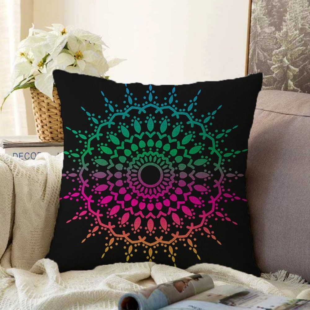 Real Homes Çift Taraflı Siyah Zeminde Pembe Yeşil Mandala Motifli Şönil Kırlent Kılıfı - 43 x 43 cm - Renkli Kırlent / Mobilya Yastığı Fiyatı
