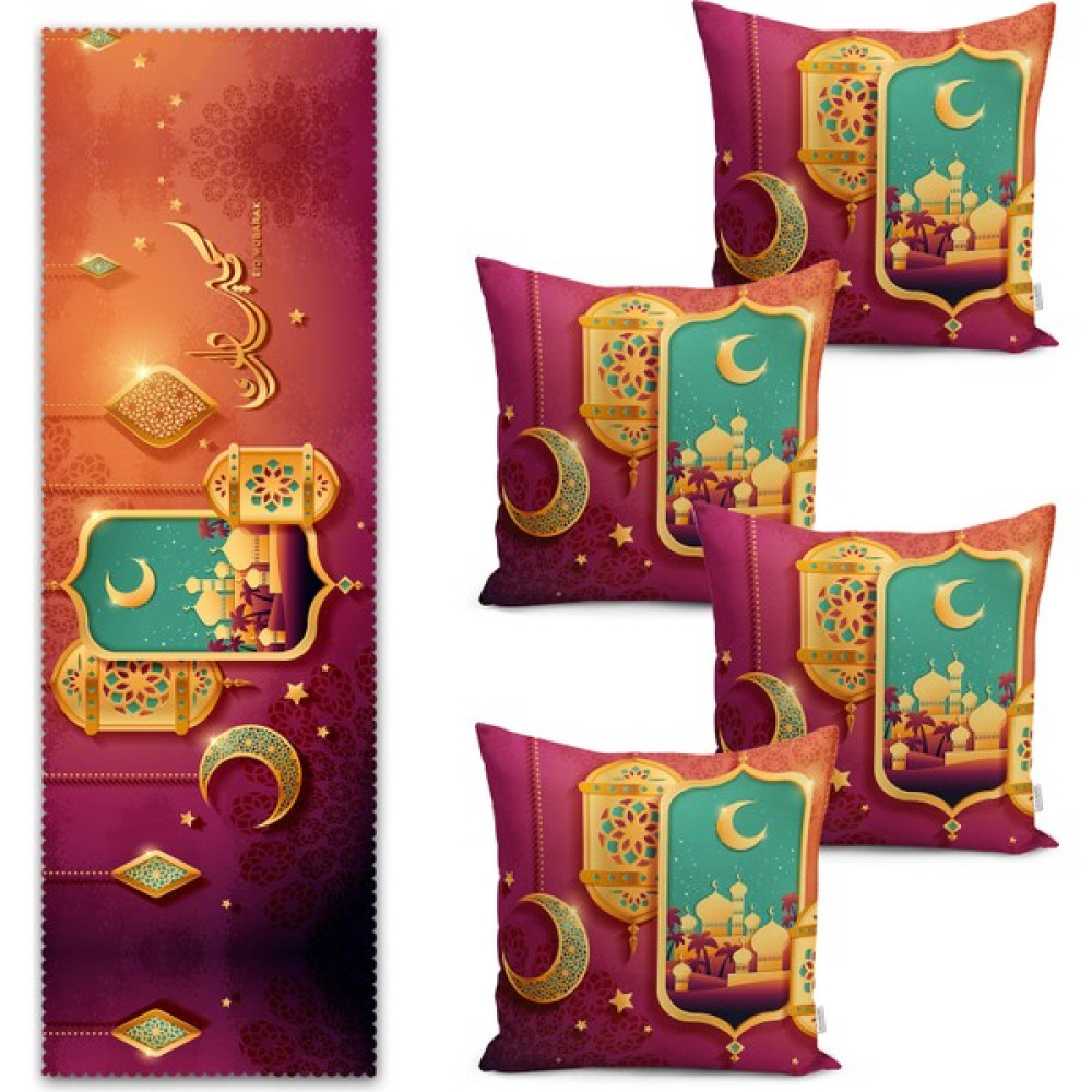 Real Homes Hilal & Ramazan Feneri Özel Tasarım Dijital Baskılı Runner & Kırlent Kılıfı Seti - 43 x 43 cm - Renkli Kırlent / Mobilya Yastığı Fiyatı