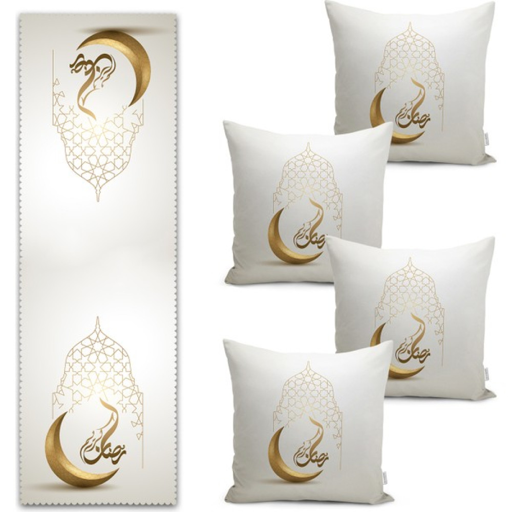 Real Homes Hilal Tasarımlı Ramazan Motifli Modern Runner & Kırlent Kılıfı Seti - 43 x 43 cm - Renkli Kırlent / Mobilya Yastığı Fiyatı