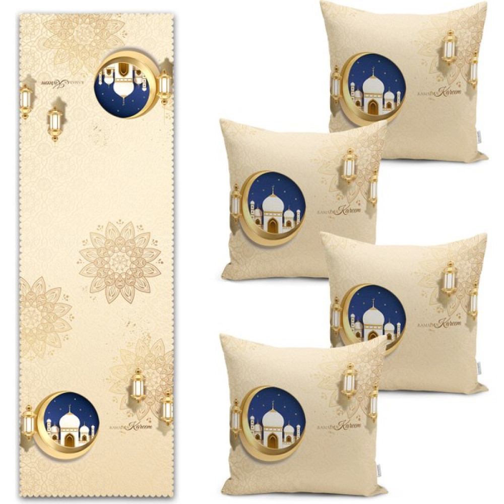 Real Homes Ramazan Feneri Hilal Motifli Dijital Baskılı Runner & Kırlent Kılıfı Seti - 43 x 43 cm - Renkli Kırlent / Mobilya Yastığı Fiyatı