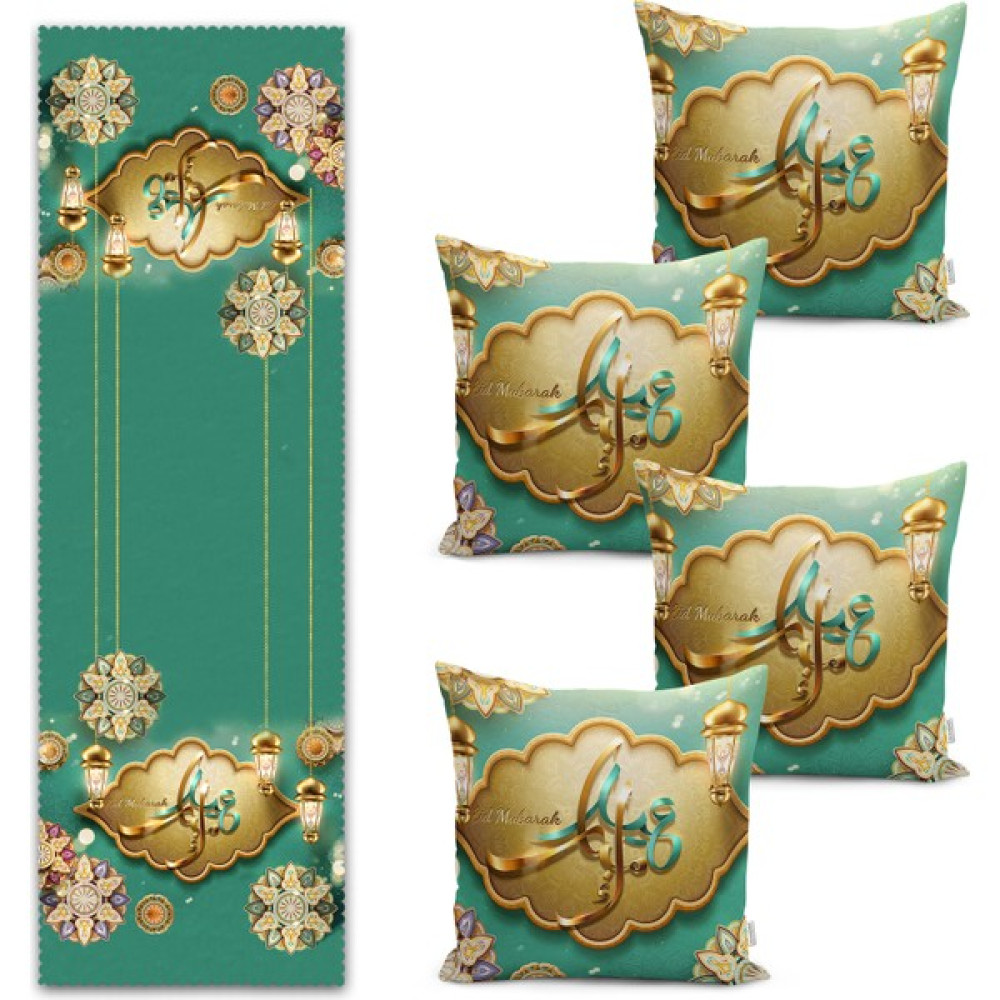 Real Homes Yeşil Zeminli Ramazan Feneri Tasarımlı Mübarek Motifli Runner & Kırlent Kılıfı Seti - 43 x 43 cm - Renkli Kırlent / Mobilya Yastığı Fiyatı