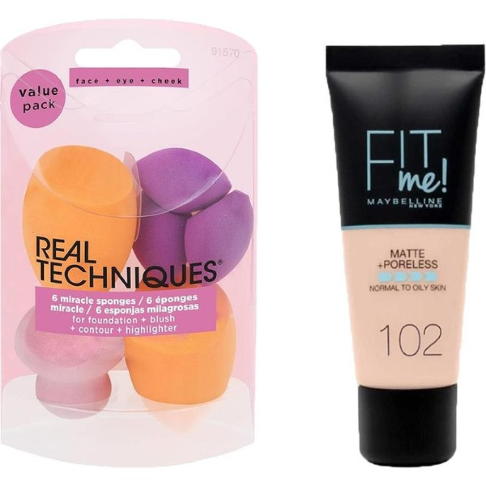 Real Techniques Rt-1570 Miracle Ten Makyaj Süngeri 6lı Ve Maybelline New York Fit Me Matte+Poreless Fondöten No102 Natural Ivory 2li Set Makyaj Fırça ve Aksesuarları Fiyatı