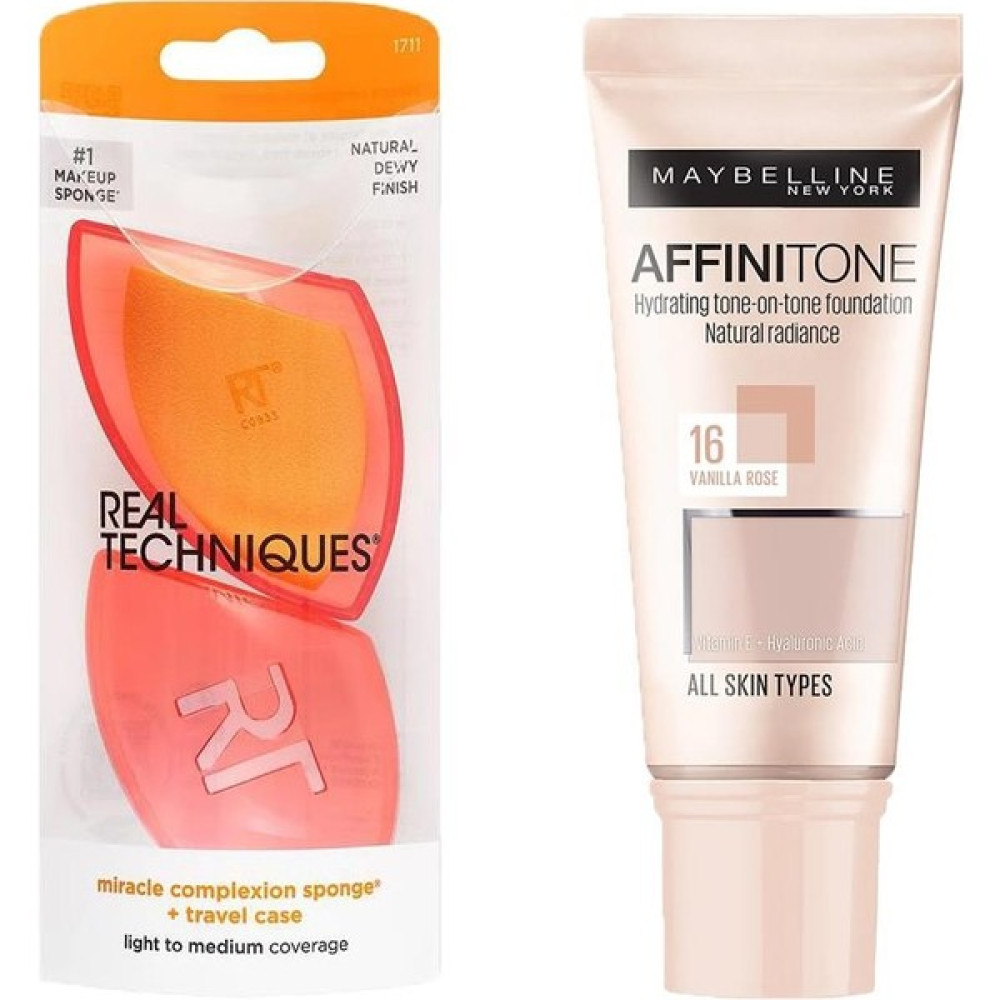 Real Techniques RT-1711 Mucize Makyaj Süngeri ve Maybelline New York Affinitone Fondöten 16 Vanilla Rose 2li Set Fondötenler Fiyatı