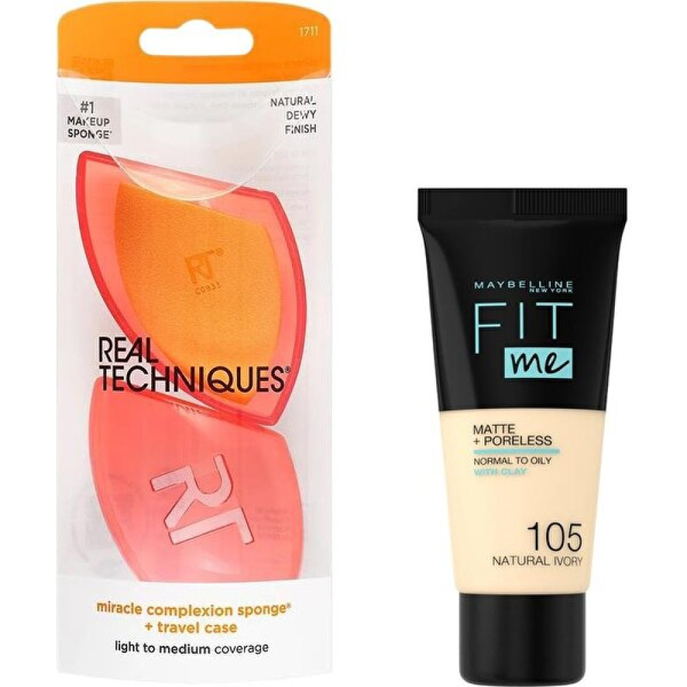Real Techniques RT-1711 Mucize Makyaj Süngeri ve Maybelline New York Fit Me Matte+Poreless Fondöten 105 Natural Ivory 2li Set Fondötenler Fiyatı