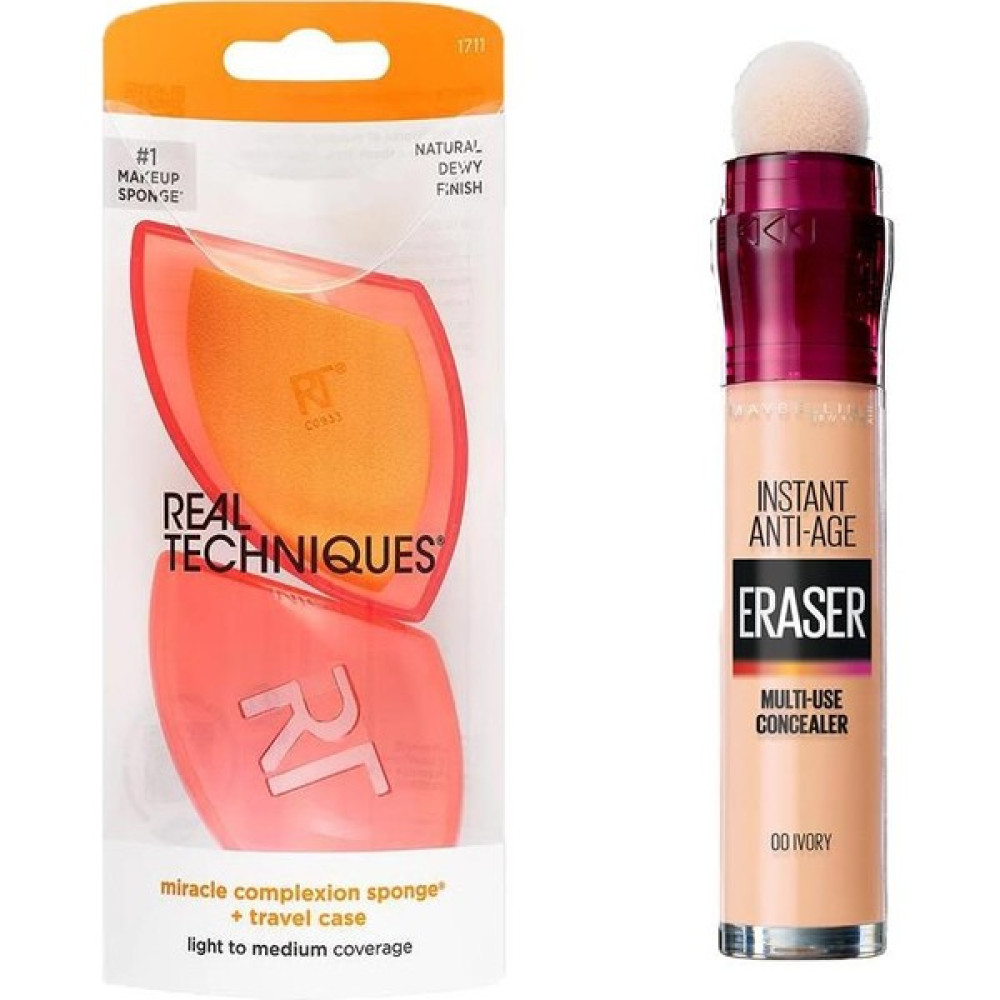 Real Techniques RT-1711 Mucize Makyaj Süngeri ve Maybelline New York Instant Anti Age Eraser Kapatıcı 00 Ivory 2li Set Fondötenler Fiyatı