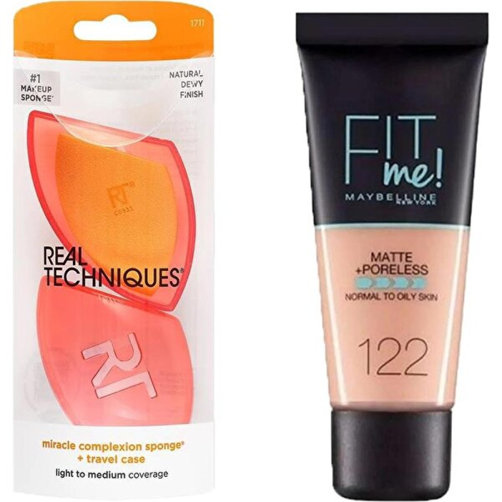 Real Techniques RT-1711 Mucize Makyaj Süngeri ve Maybelline New York Mat Fondöten Fit Me Matte Poreless Foundation No: 122 2li Set Makyaj Fırça ve Aksesuarları Fiyatı