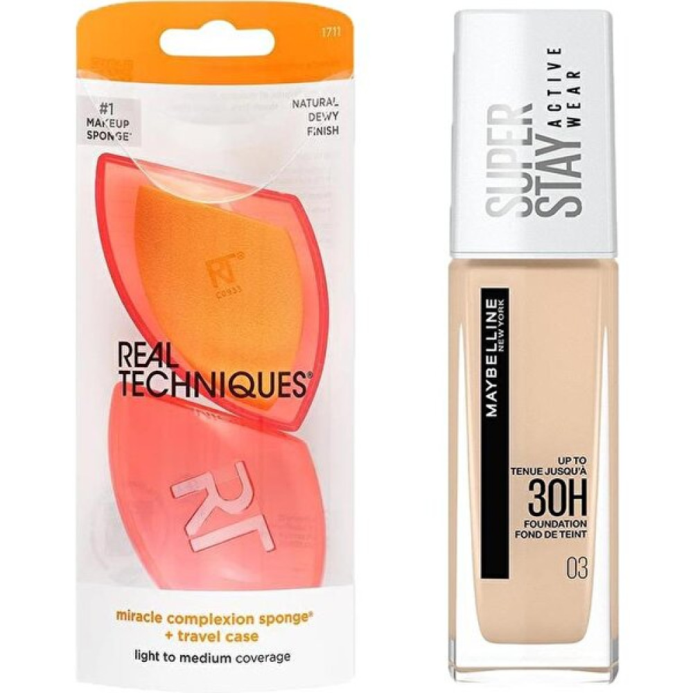 Real Techniques RT-1711 Mucize Makyaj Süngeri ve Maybelline Superstay Active Wear Fondöten 03 True Ivory 2li Set Fondötenler Fiyatı
