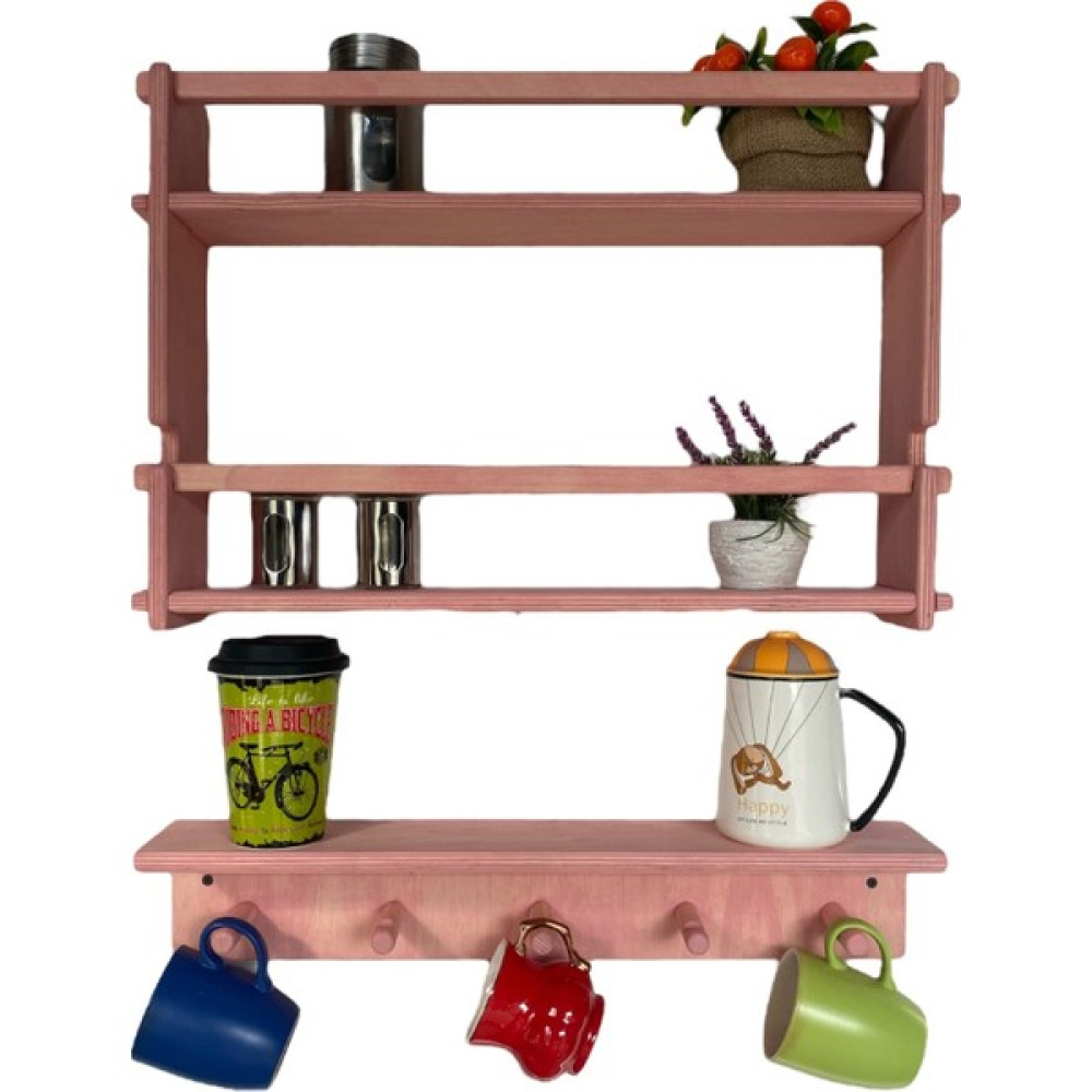 Real Wood Ahşap Askılı Duvar Rafı ve Montessori Kitaplık, Mutfak ve Banyo Rafı 3'lü - Pembe Eşya Saklama / Düzenleme Fiyatı