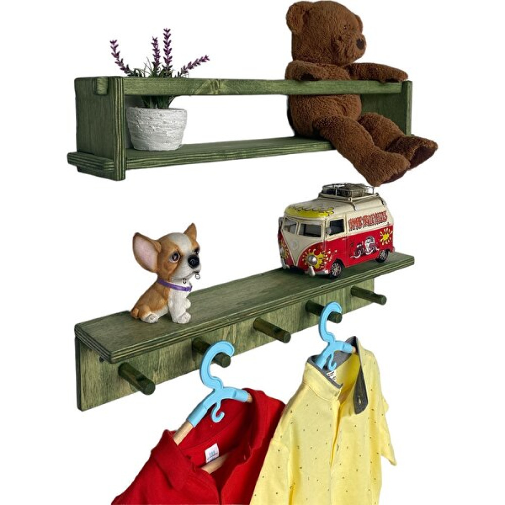 Real Wood Ahşap Çocuk Odası Askılık ve Montessori Kitaplık Raf - Yeşil Duvar Rafı Fiyatı