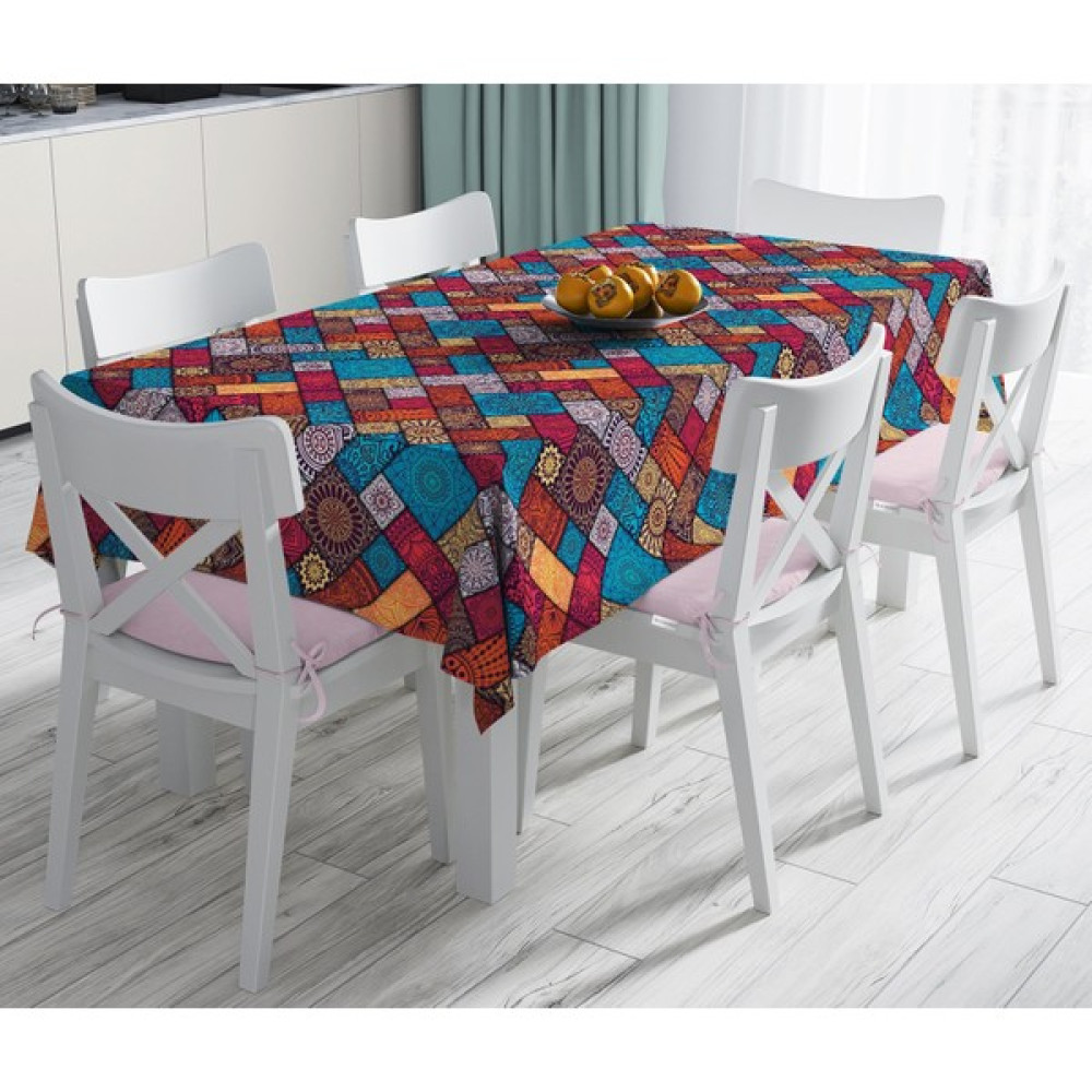 RealHomes Geometrik Etnik Desenli Özel Tasarım Leke Tutmaz Masa Örtüsü 140 x 180 cm - Renkli Masa Örtüsü Fiyatı