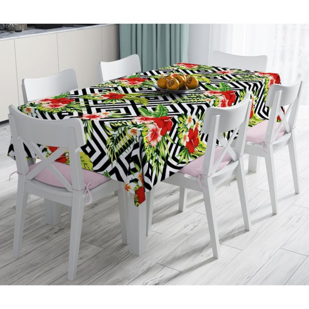 RealHomes Geometrik Zeminde Çiçek Desenli Leke Tutmaz Masa Örtüsü 140 x 220 cm - Renkli Masa Örtüsü Fiyatı