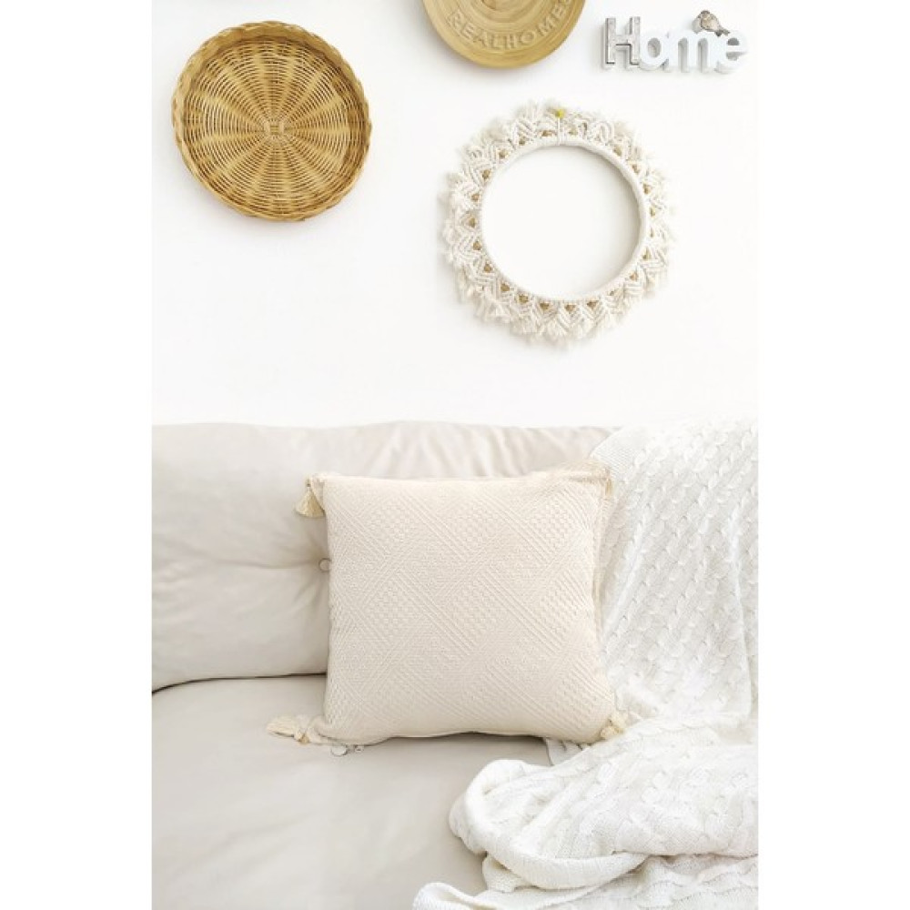 Realhomes Handmade Elişi Natural Buldan Bezi Otantik Organik Pamuklu Püsküllü Kırlent Kılıfı - 55 x 55 cm - Bej Kırlent / Mobilya Yastığı Fiyatı