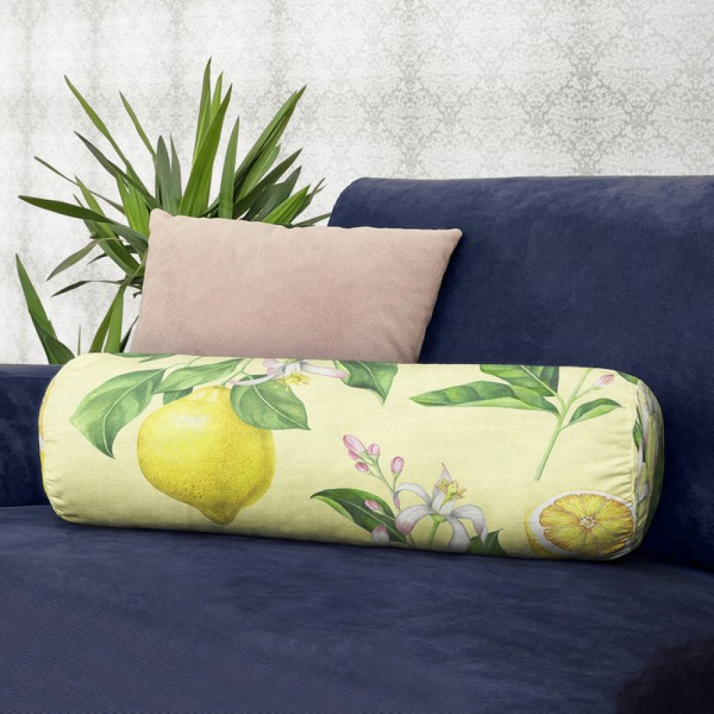 RealHomes Krem Zeminli Limon Desenli Dekoratif Iç Dolgulu Süet Silindir Yastık Kırlent - Bel Yastığı - 26 x 60 cm - Renkli Kırlent / Mobilya Yastığı Fiyatı
