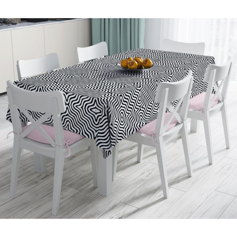 RealHomes Siyah Geometrik Çizgiler Özel Tasarımlı Dekoratif Leke Tutmaz Masa Örtüsü 140 x 180 cm - Renkli Masa Örtüsü Fiyatı