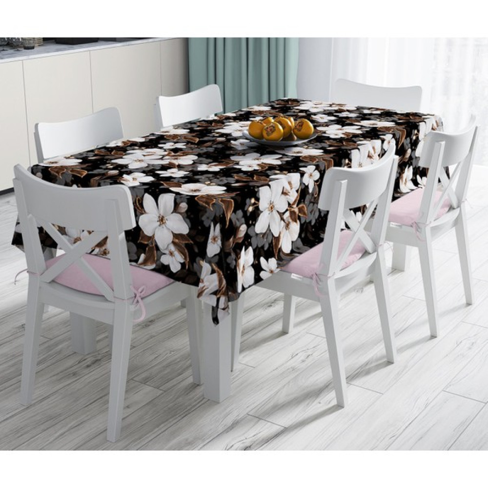 RealHomes Siyah Zeminde 3D Çiçekler Temalı Modern Leke Tutmaz Masa Örtüsü 120 x 140 cm - Renkli Masa Örtüsü Fiyatı