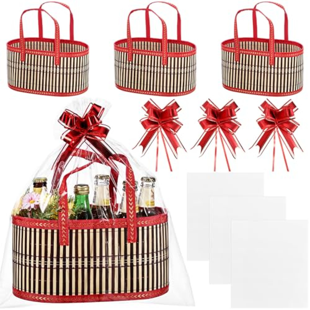 Reallnaive Bamboo Empty Woven Baskets Gifts Kit with Handles Foldable Gift giving Bags to Fill with Ribbon Bow for Valentine Mother's Day Birthday Gift Wrapping,11.81 x 7.87 x 6.3 inches