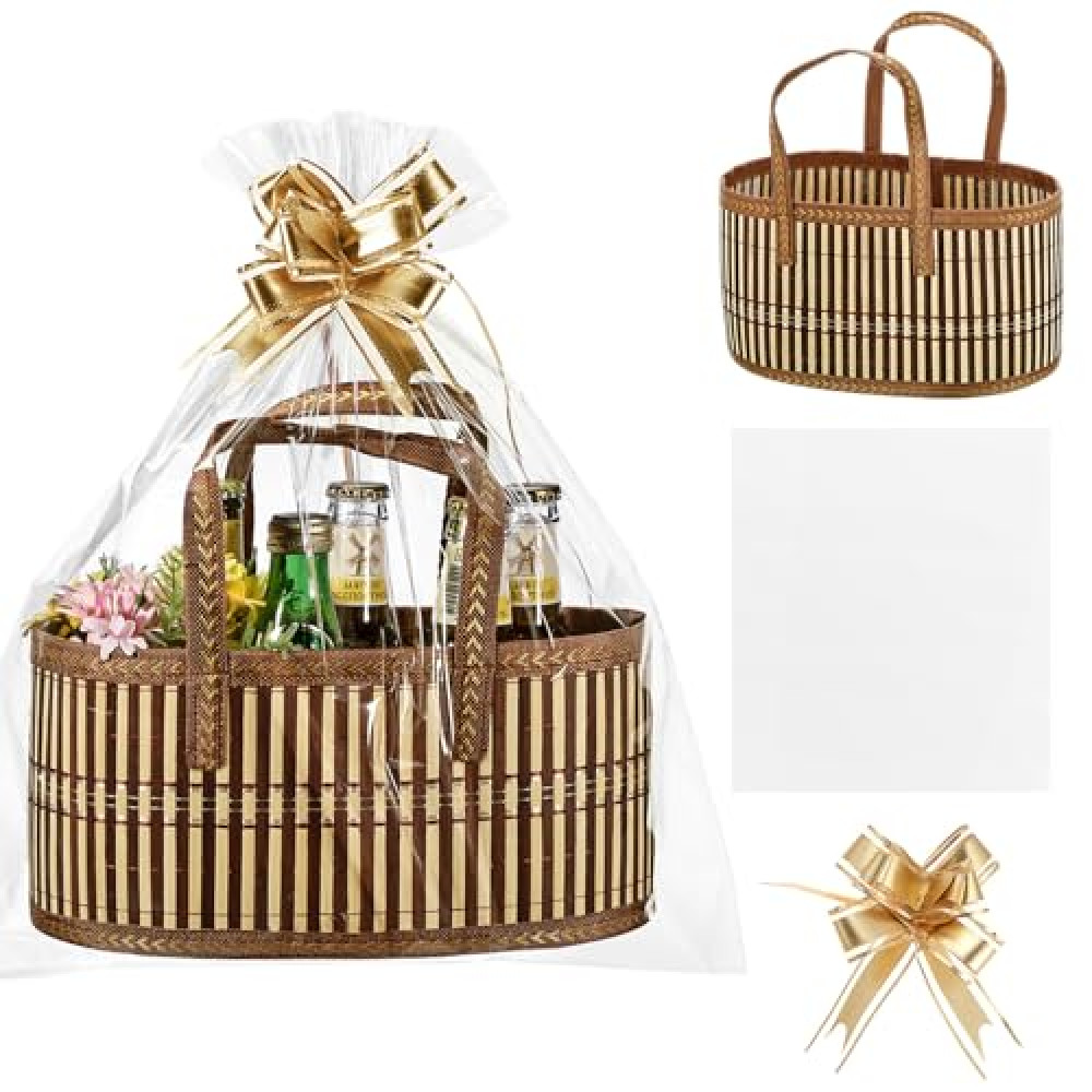 Reallnaive Baskets for Gifts Empty Sturdy Woven Bamboo Gift Basket with Gift Bags and Ribbons for Christmas Thanksgiving Birthday Mothers Day Housewarming Party Gift Wrapping, 12"x 8"x 6" (1 Set)
