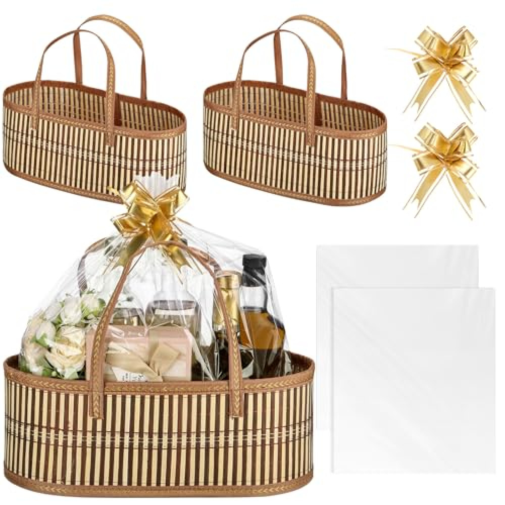 Reallnaive Woven Baskets for Gifts Empty Large Bamboo Gift Baskets with Handle Cellophane Wrap Bag and Pull Flower Ribbon Sturdy Foldable Gift Packages for Birthday Wedding Favor Wrapping
