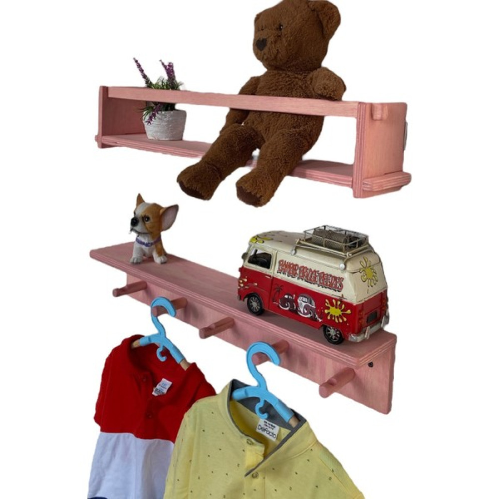 RealWood Ahşap Çocuk Odası Askılık ve Montessori Kitaplık Raf 2'li 55 Cm.pembe - Pembe Duvar Rafı Fiyatı